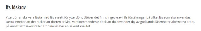 Skärmdump av försäkringsbolaget Ifs låskrav med text om låsning av ytterdörrar.