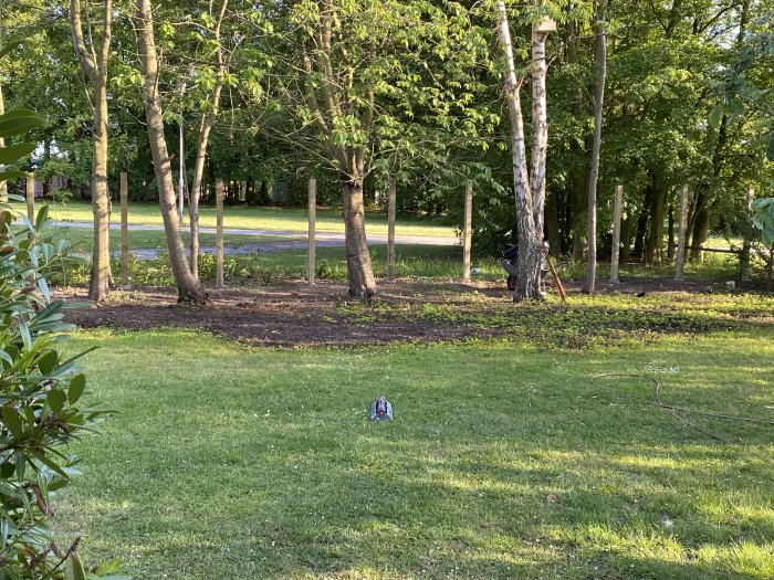 Nyplanterat gräs framför nyinstallerade staketstolpar i en trädgård med träd i bakgrunden.