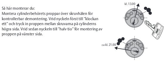 Illustration av montering av låscylinder med nyckel och positionsangivelser för klockslag.