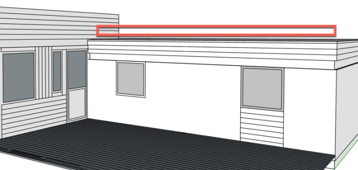 Illustration av ett uterum med pulpettak, trallgolv och inringad väggbalk mot garagebyggnad.