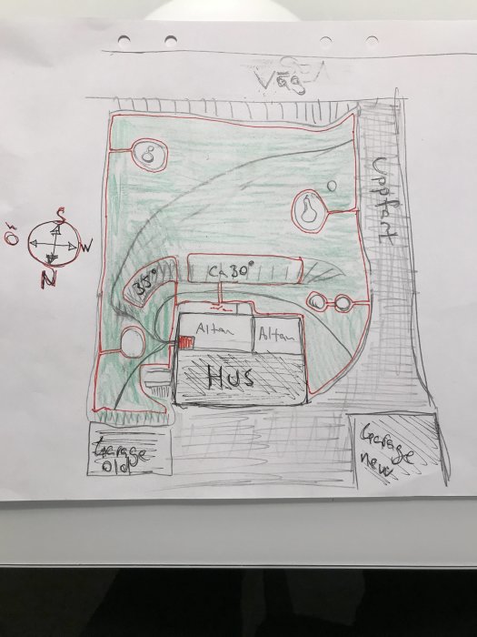 Handritad skiss av en trädgård med planerade slänter för robotgräsklippare och markerade områden för begränsning.