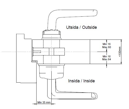 Schematisk ritning av en dörrhandtag mekanism med dimensioner för in- och utsidan.