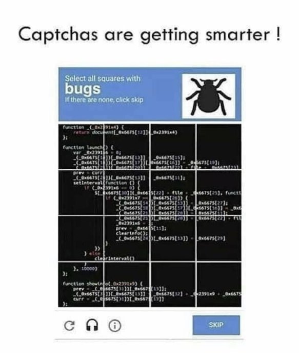 Humoristisk bild av en CAPTCHA som säger "Välj alla rutor med buggar" med kodsnuttar istället för bilder.