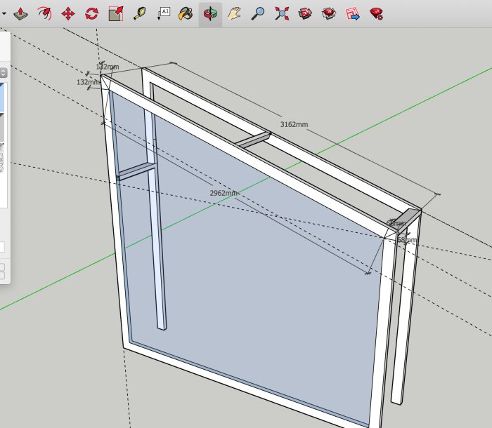 Skiss av en växthusdesign i CAD med måttangivelser där vägg- och takglas möts utan regel.