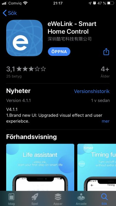 Skärmdump av eWeLink - Smart Home Control app i en appbutik med betyg och förhandsvisningsbilder.