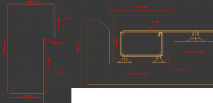 Teknisk ritning av en L-format garageplatta med måttangivelser och detaljer som visar kantbalk och cellplastisolering.