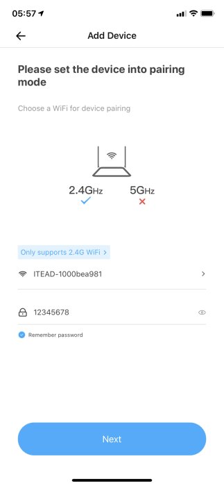 Mobilskärmdump av WiFi-uppkopplingsguide som visar 2.4GHz stöd men inte 5GHz.