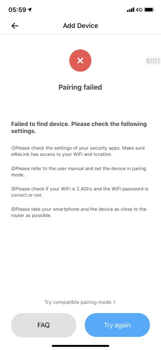 Skärmdump av misslyckat enhetsparningsförsök med felmeddelande och felsökningsinstruktioner.