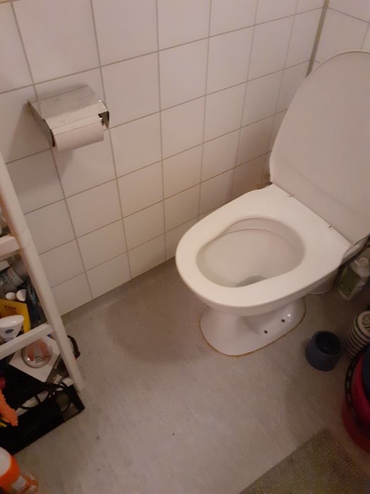 Toalett bredvid en hörnhylla med hygienprodukter, på ett tätt och rent, men ojämnt färgat badrumsgolv.