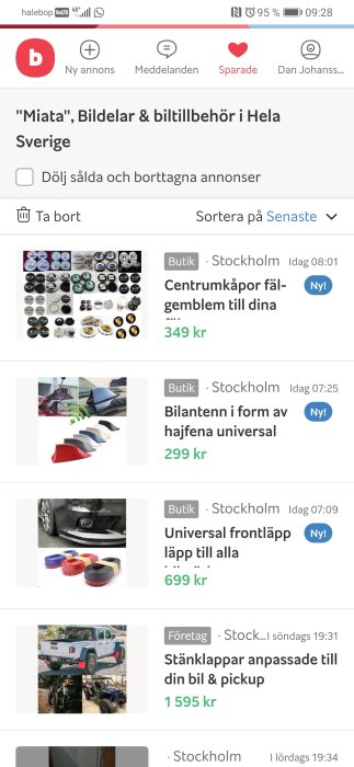 Skärmdump av sökresultat med bilaccessoarer som centrumkåpor och bilantenner listade till försäljning.