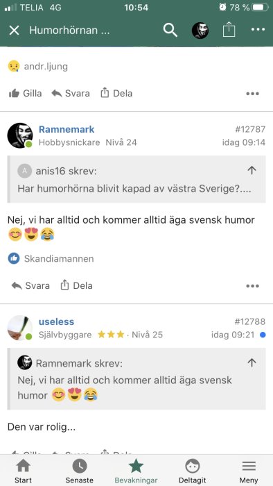 Skärmdump av ett foruminlägg med svar och emojis, användarnamn och profilbilder syns.