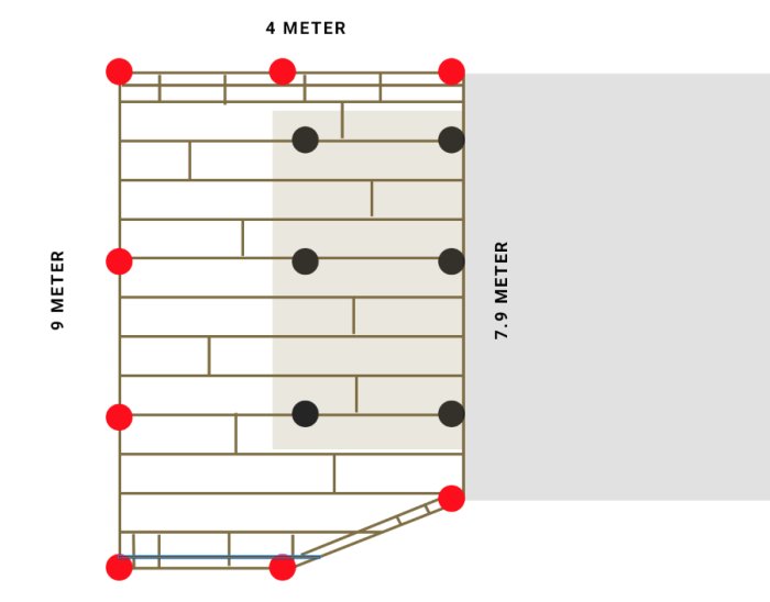 Diagram över en byggkonstruktion med mått och korta reglar ritade på väggens rader.