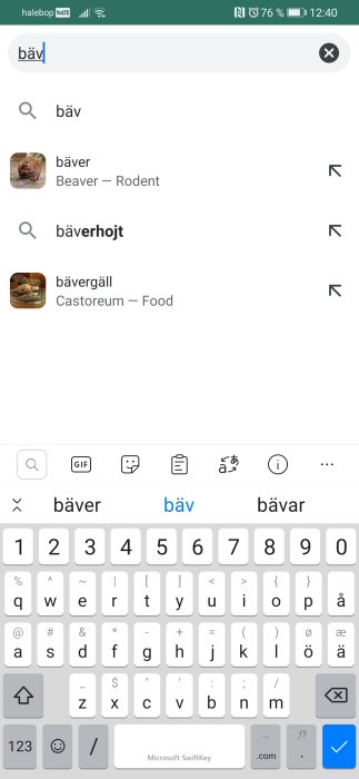 Skärmdump av en sökning på Google med ordet "bäv" som visar förslag på "bäver" och "bävergäll".