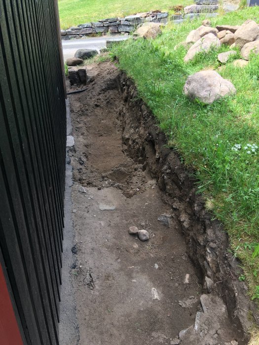 Grävd slänt i trädgård vid husvägg för förberedelse av stödmursbygge av timmer.