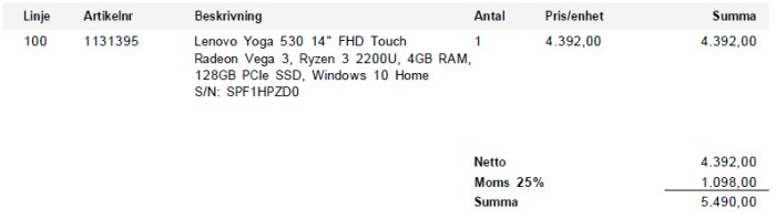 Faktura för Lenovo Yoga 530 laptop med specifikationer och prisuppgifter.