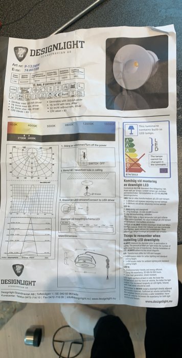 Instruktionsblad för Designlight LED-downlights med installationsschema och produktspecifikationer.