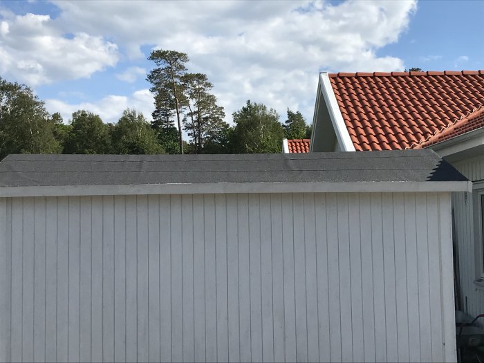 Nytt kallförrådstak med underlagspapp och ytpapp utan synliga bubblor i dagsljus.