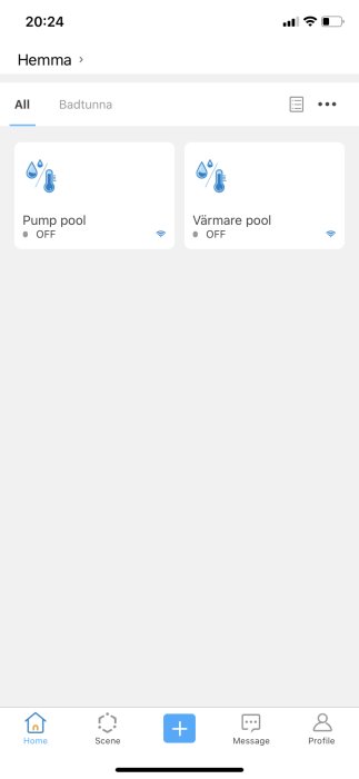 Skärmdump av hemautomationsapp visar kontroller för 'Pump pool' och 'Värmare pool', båda avstängda.