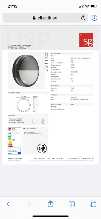 Skärmdump av SG Armaturen Tardo 2000 LED information från webbplats med teknisk data och illustrationer.