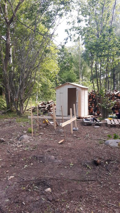 Nästan färdigbyggd liten träbod i en skogstomt, omgiven av vedhögar och byggmaterial, väntar på takpapp.