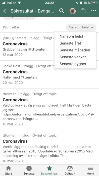 Skärmdump av ett diskussionsforums sökresultatsida som visar trådar sorterade efter datum med ämnet Coronavirus.