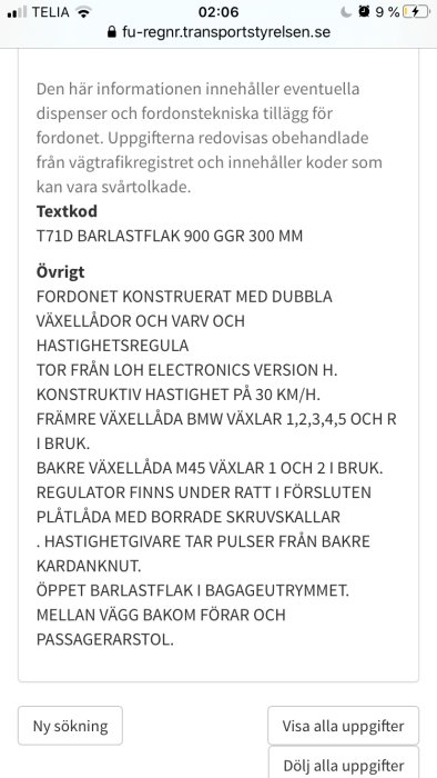 Skärmdump av en fordonsinformationssida med tekniska detaljer om ett fordon, inklusive dess hastighetsbegränsningar och utrustning.