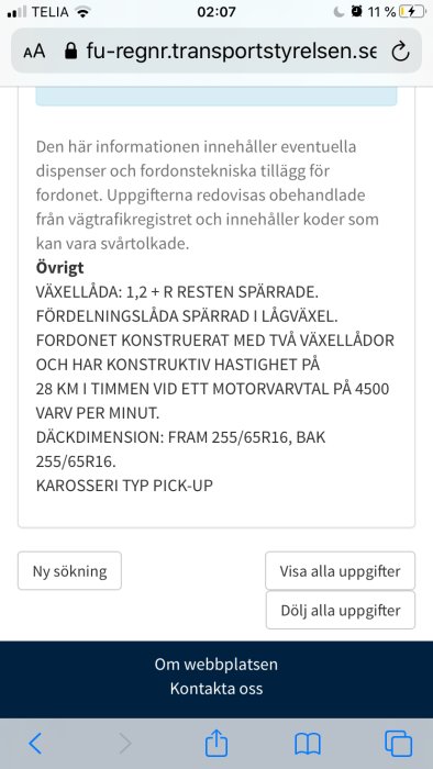 Skärmdump från Transportstyrelsens webbplats med information om A-traktor, inklusive växellåda och däckdimensioner.