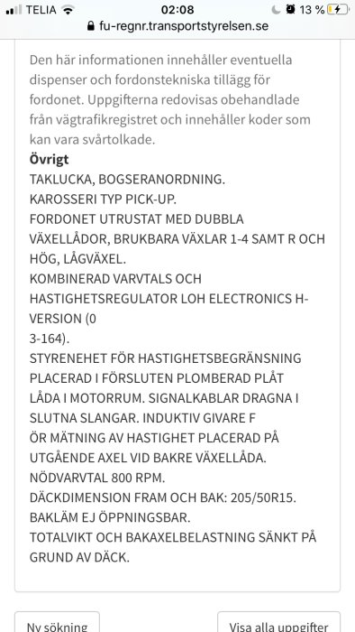 Skärmdump från Transportstyrelsens webbplats som visar fordonsinformation och tekniska detaljer.