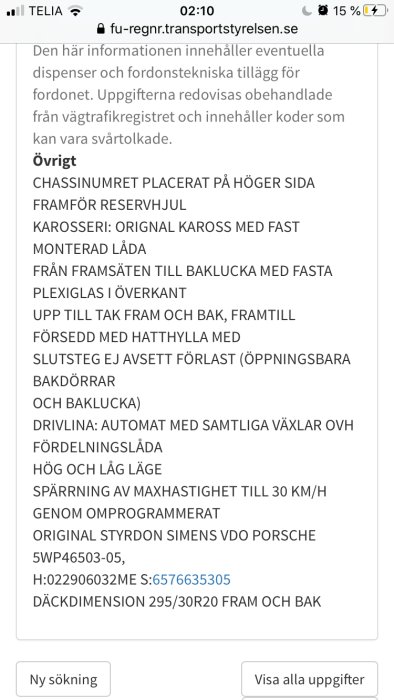 Skärmdump av Transportstyrelsens fordonsuppgifter med information om dispenser och tekniska specifikationer.