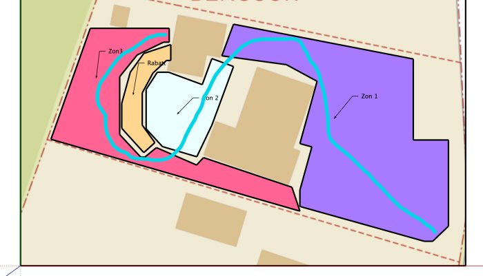 Illustration över en trädgårds layout med markerade zoner och en guidekabel för en robotgräsklippare.