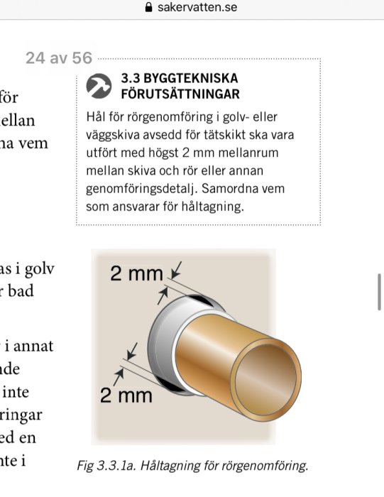 Illustration av håltagningskrav för rörgenomföring med 2 mm mellanrum.