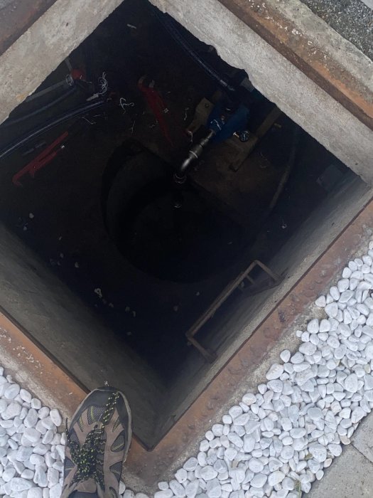 Bild på en brunn med öppet lock som visar rörsystem och verktyg, med stenar runt kanten och sko i förgrunden.