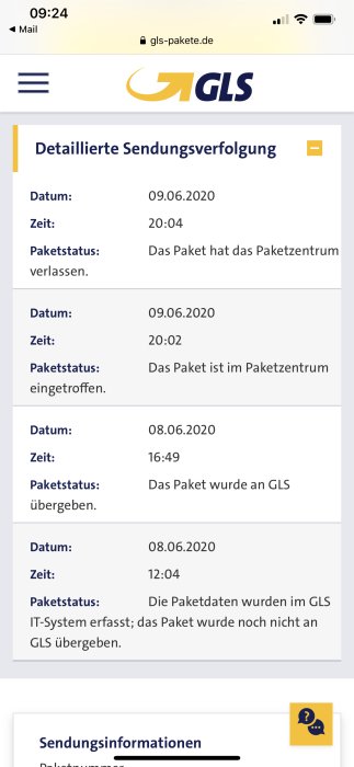 Skärmdump av paketspårningsinformation på GLS hemsida med datum och status för en försändelse.
