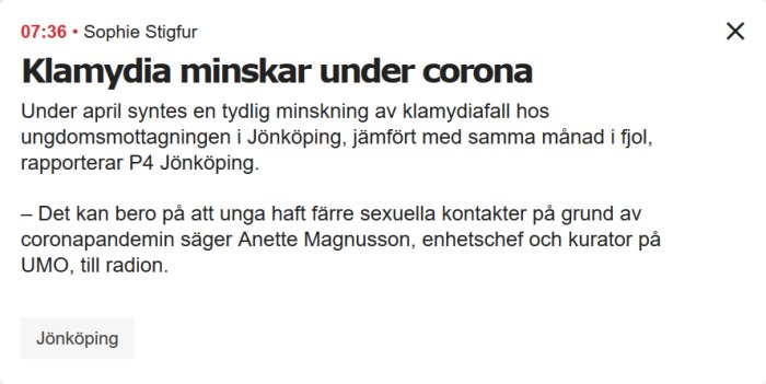 Skärmdump av nyhetsartikel med rubriken "Klamydia minskar under corona".