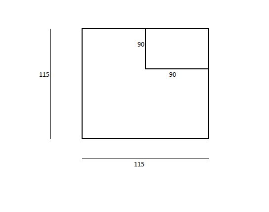 Skiss av en hörnstolpe med mått 115x115 med kapningar för takbalkar på 90x90 i övre hörnet.