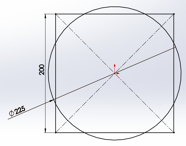 Teknisk ritning av en färdiggjuten plint med måttmarkeringar på 225 mm diameter och en 200x200 mm botten.