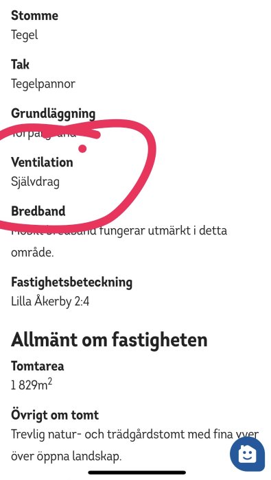 Skärmdump av en text om fastighetsinformation med markerad sektion "Grundläggning".