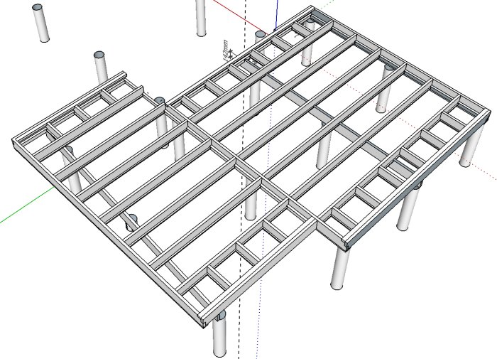 3D-ritning av träreglar och syllar för ett byggprojekt med markerade dimensioner och plintar.