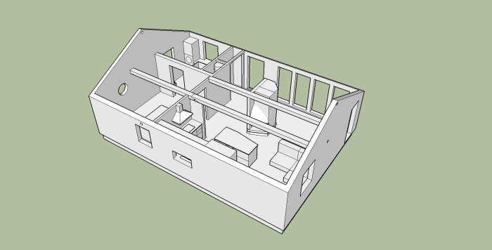 3D-modell av ett hus i byggfas, visar interiören utan tak.