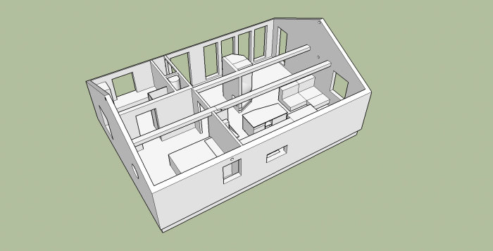 3D-skiss av ett hus utan tak visar rumslayout och konstruktion i byggfas.