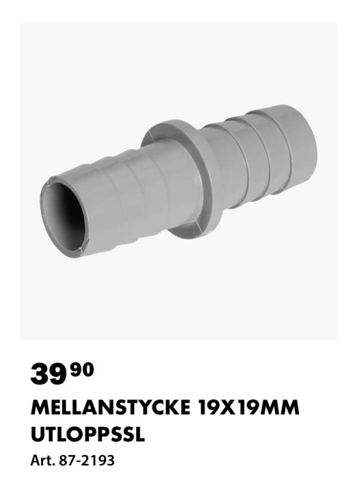 Mellanstycke för avloppsslang med ytterdiameter ca 19-20mm, grå färg, avsedd för föminskning till 16mm.