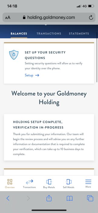 Skärmdump av en webbsida för säkerhetsinställningar och kontoverifiering på Goldmoney Holding.