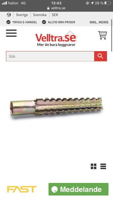 Metallisk universell expanderingplugg för väggmontering, på en vit bakgrund.