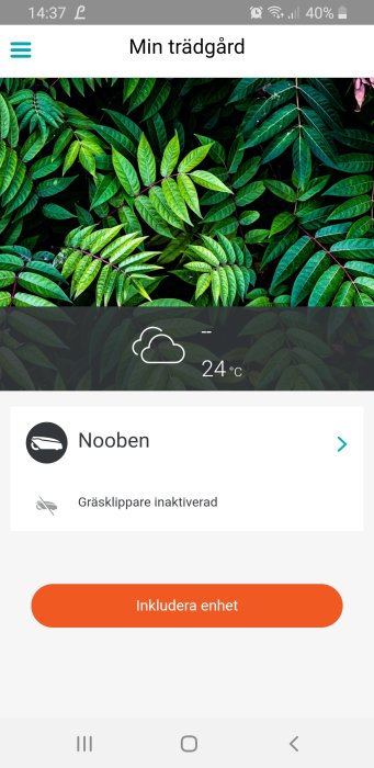Skärmdump visar gräsklippare märkt som inaktiverad i trädgårdsapp med väderinformation.
