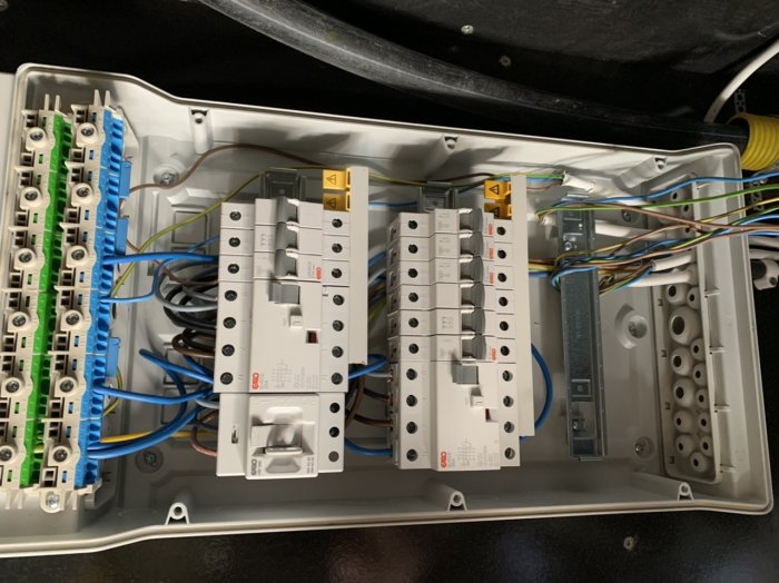 Elcentral i teknikrum med säkringar och jordfelsbrytare, kablar anslutna, utan uttag installerade.