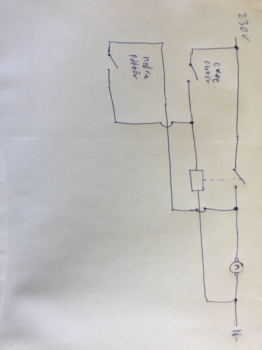 Handritad skiss av enkelt reläkrets med märkning av nolla, fas, 230V och lampa.