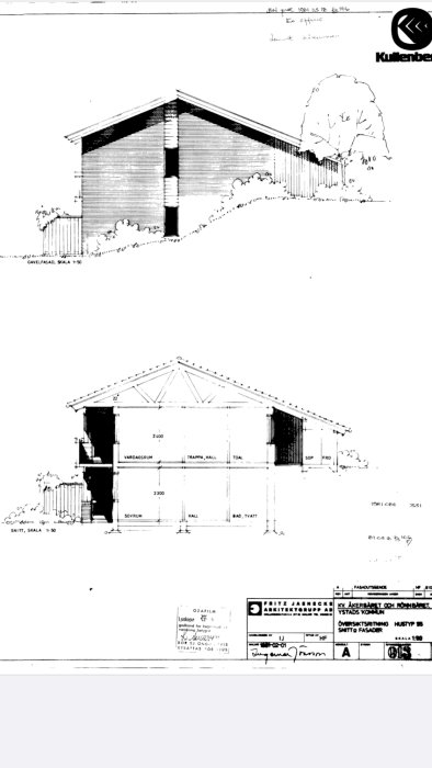 Arkitektritningar över byggnadssnitt och fasad med mått och utrymmesbeteckningar.