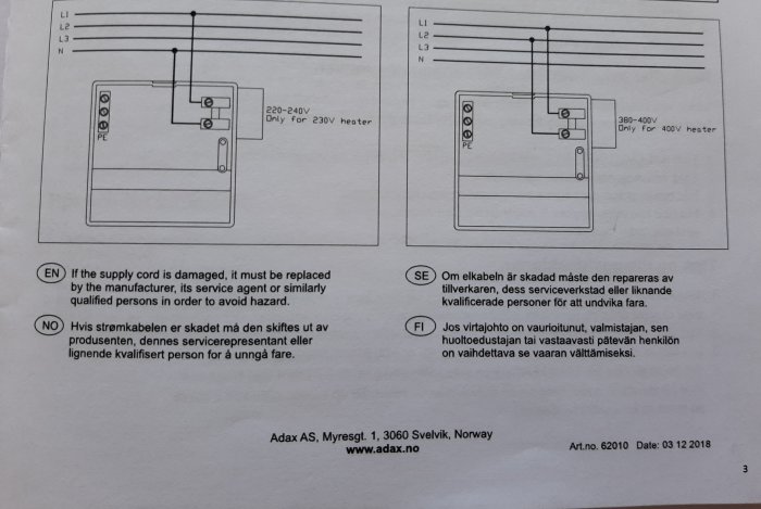 Schematiska illustrationer av kopplingsdosa för en Adax-elementinstallation för 220-240V och 380-400V.