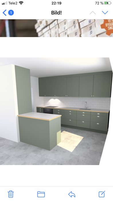 3D-rendering av ett modernt kök med gröna skåp och vit kakelvägg.