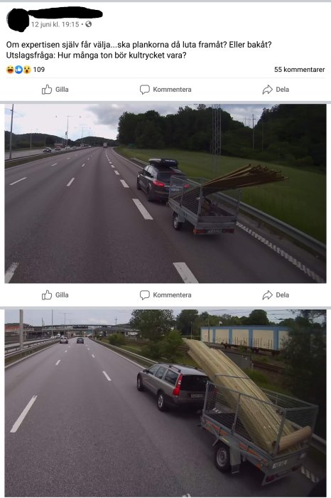 Två släp med felaktigt lastade brädor, ett med brädor lutande bakåt utan spännband och ett med brädor i högt galler.